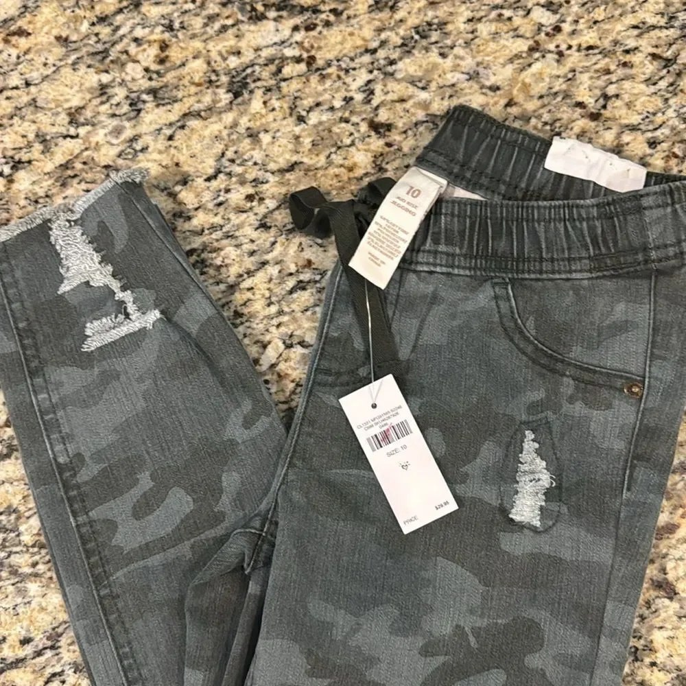 Justice Gray Camouflage Kids Jeans jeggings soft comfy stretchy tie waist sz 10